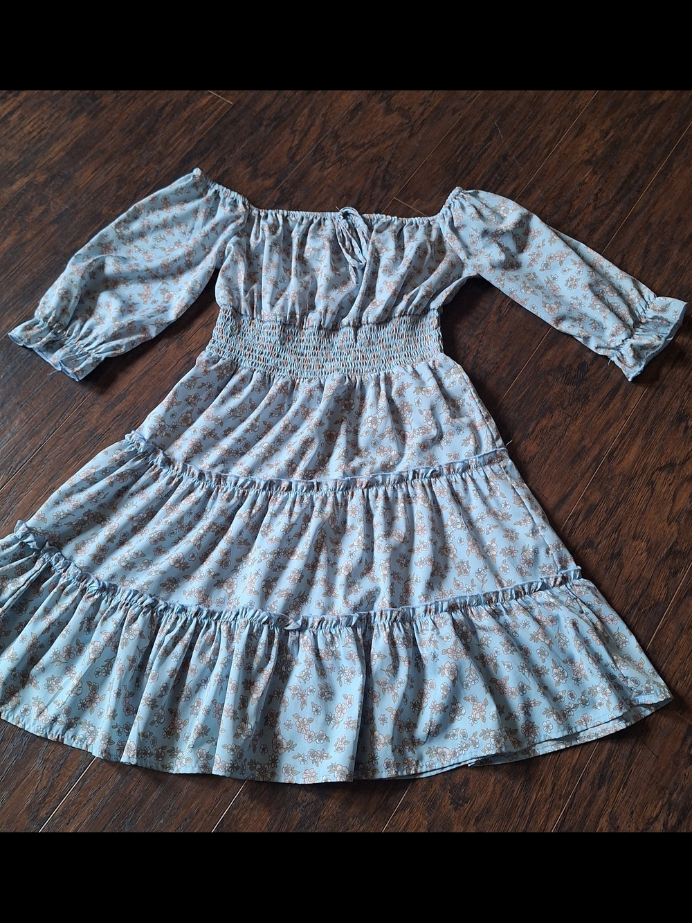 Light Blue & Pink Floral Half Sleeve Ruffle Tiered Midi Dress Cottagecore Ballet